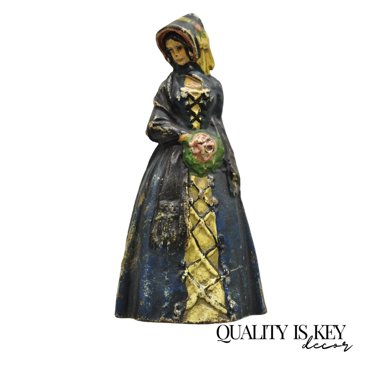 Antique Victorian Cast Iron Figural Colonial Woman Blue Dress Painted Door Stop
