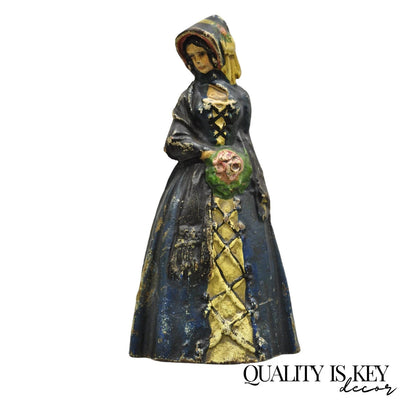 Antique Victorian Cast Iron Figural Colonial Woman Blue Dress Painted Door Stop