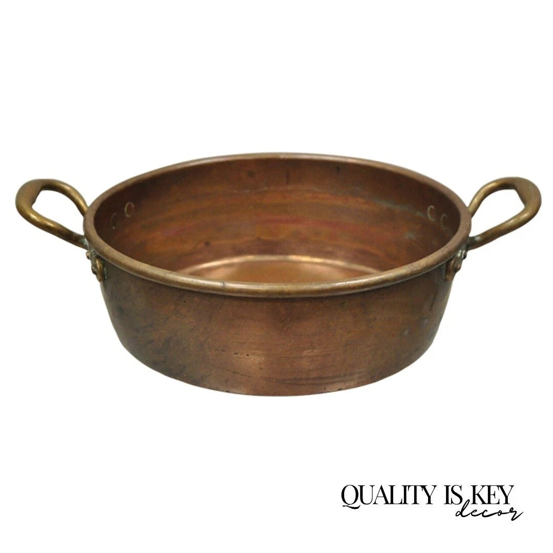 Antique French Country Hand Forged 12" Round Twin Handle Copper Cauldron Pot Pan