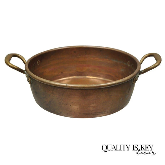 Antique French Country Hand Forged 12" Round Twin Handle Copper Cauldron Pot Pan