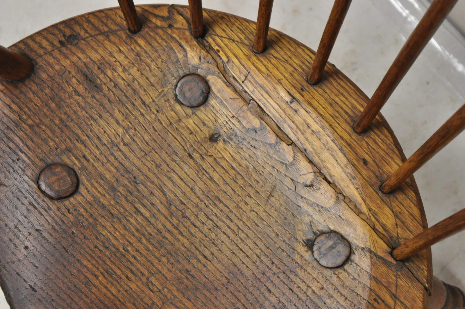 Antique French Country Colonial Chestnut Oak Wood Small Bowed Windsor Arm Chair