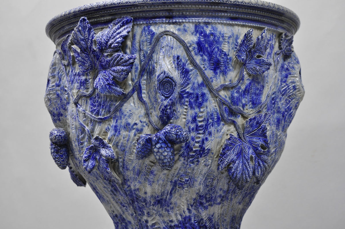 Antique German Westerwald Salt Glaze Stoneware Cobalt Blue Jardiniere & Pedestal