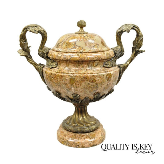 Vintage Bronze and Marble French Baroque Style Lidded Urn Centerpiece Cassolette