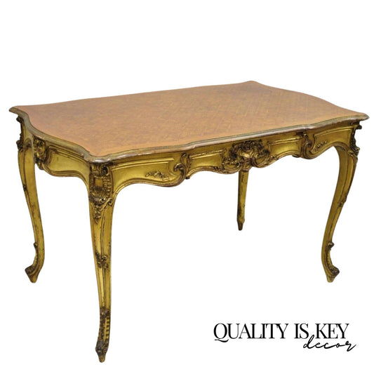 19th C. French Louis XV Style Gold Giltwood Writing Desk w/ Marquetry Inlay Top