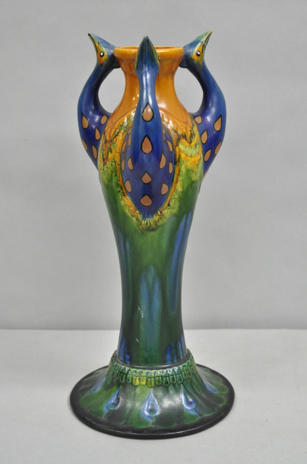 Vintage Art Nouveau Majolica Style Glazed Ceramic Pottery Peacock Bird Vase