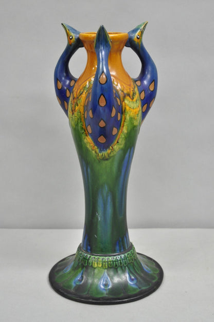 Vintage Art Nouveau Majolica Style Glazed Ceramic Pottery Peacock Bird Vase