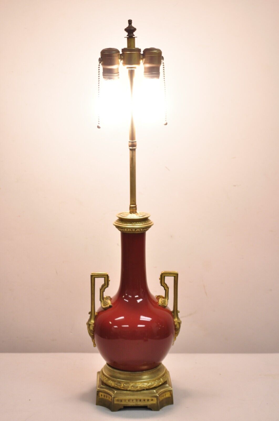 Antique French Louis XV Style Red Glazed Porcelain Table Lamp w/ Bronze Mounts