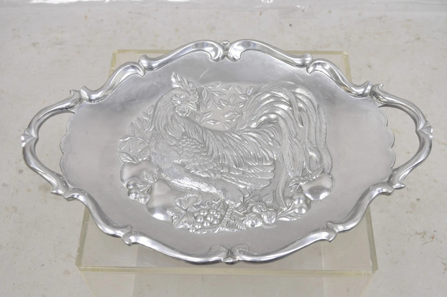 Vintage Lenox Retired Large Rooster Pewter Metal Holiday Serving Platter Tray