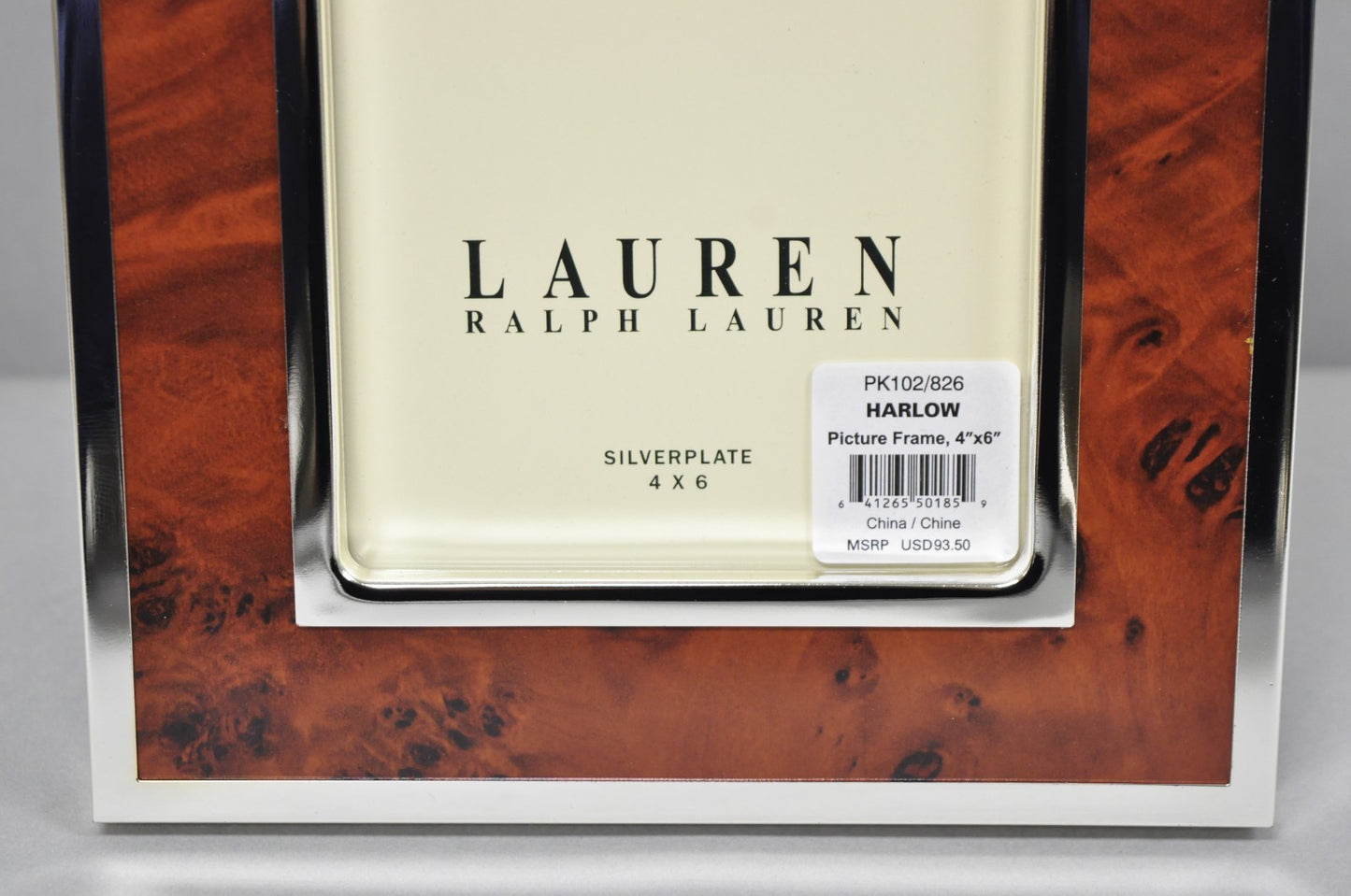 Lauren Ralph Lauren Harlow Burl Wood & Silver Plated 4x6 Photo Picture Frame NIB