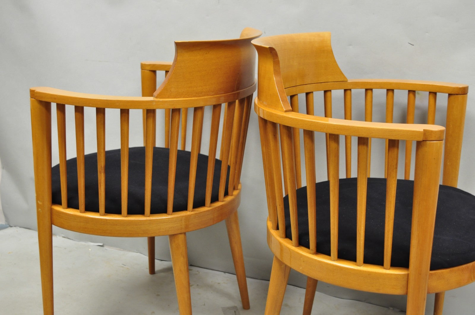 Vintage Postmodern Maple Wood Spindle Barrel Back Lounge Arm Chairs - a Pair