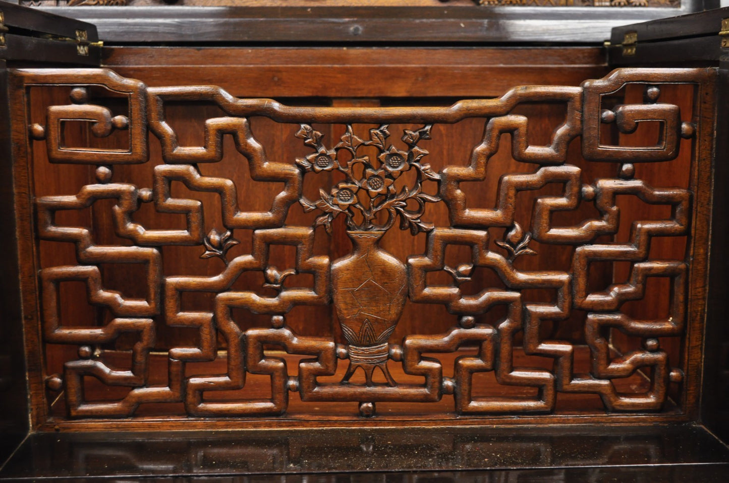 Vintage J L George Zee Chinese Figural Carved Teak Wood Flip Top Dry Bar Cabinet