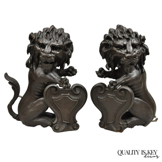 Antique Renaissance Revival Carved Oak Wood 20" Lion Architectural Elements Pair