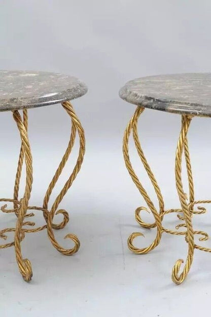 Italian Hollywood Regency Gold Gilt Iron Rope Round Marble Top Low Tables - Pair