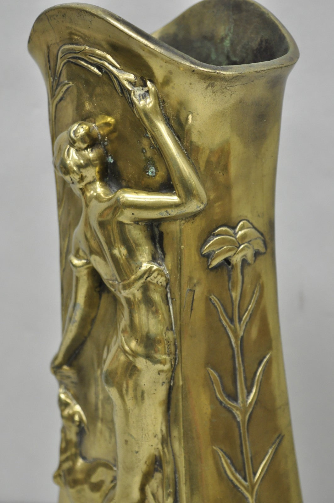 Antique Art Nouveau Chinese Gilt Bronze Nude Female Sculpture Statue 16" Vase