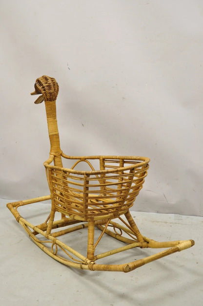 Mid Century Modern Wicker Rattan Figural Duck Rocker Bassinet Basket Crib