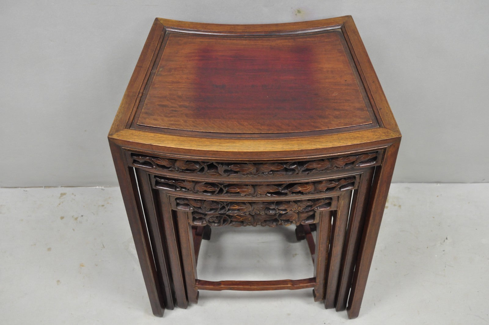 Vintage Chinese Carved Hardwood Curved Frame Nesting Side Tables - Set of 4