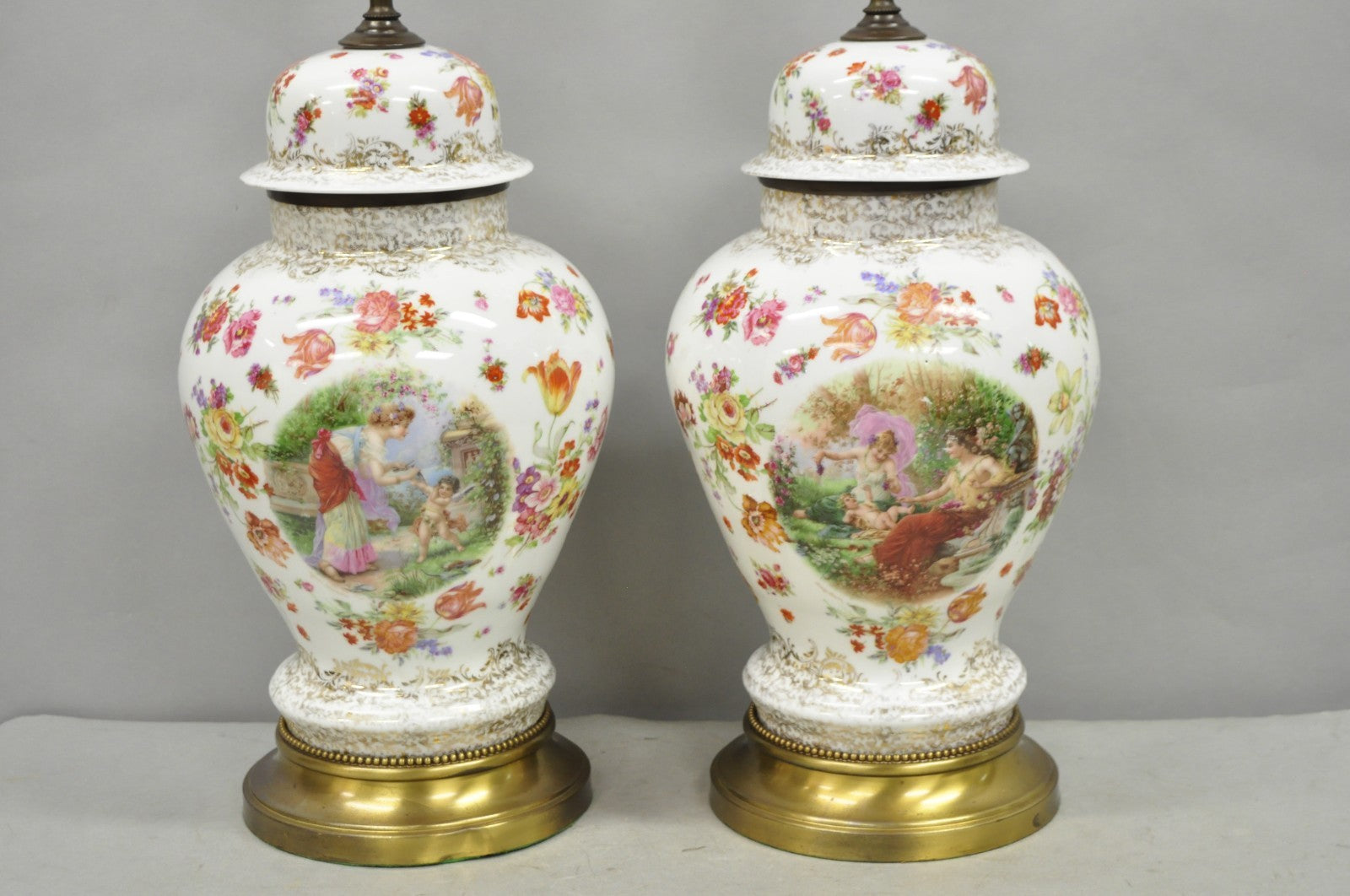 Victorian German Porcelain Ginger Jar Vase Meissen attr. French Table Lamp Pair