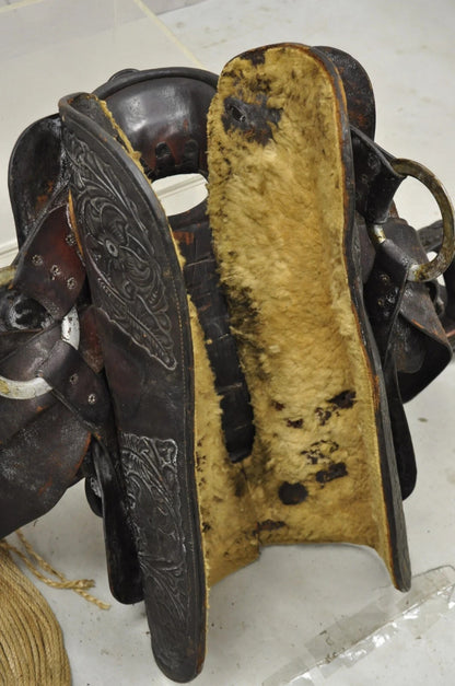 Vintage Brown Tooled Leather Floral Embossed 15" Seat Horse Riding Saddle