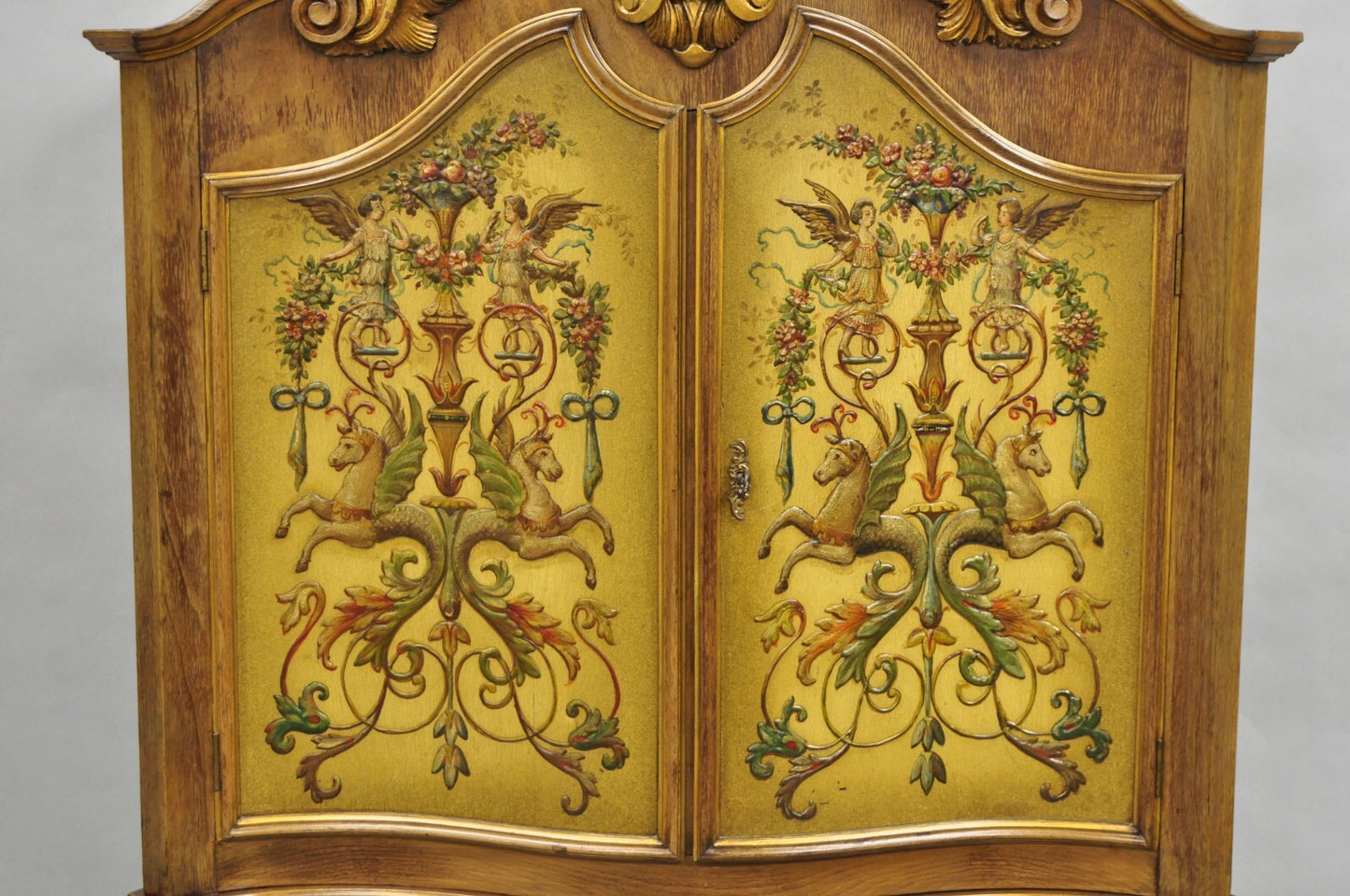 French Rococo Carved Walnut Hand Painted Louis XV Style Blind China Cabinet Bar