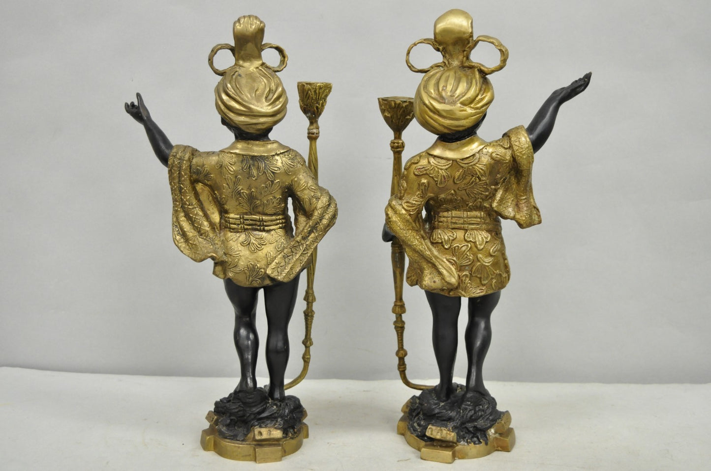 Vintage Moorish Venetian Blackamoor Figural Bronze Candelabra Candle Holder Pair