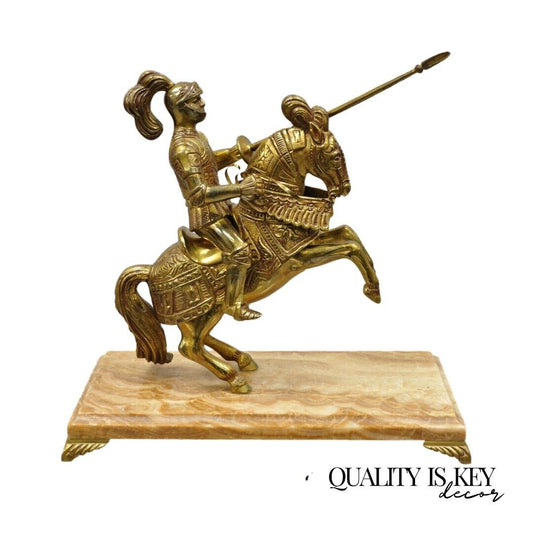 Cast Metal Marble Base Renaissance Style Gothic Soldier on Horse Statue Figure