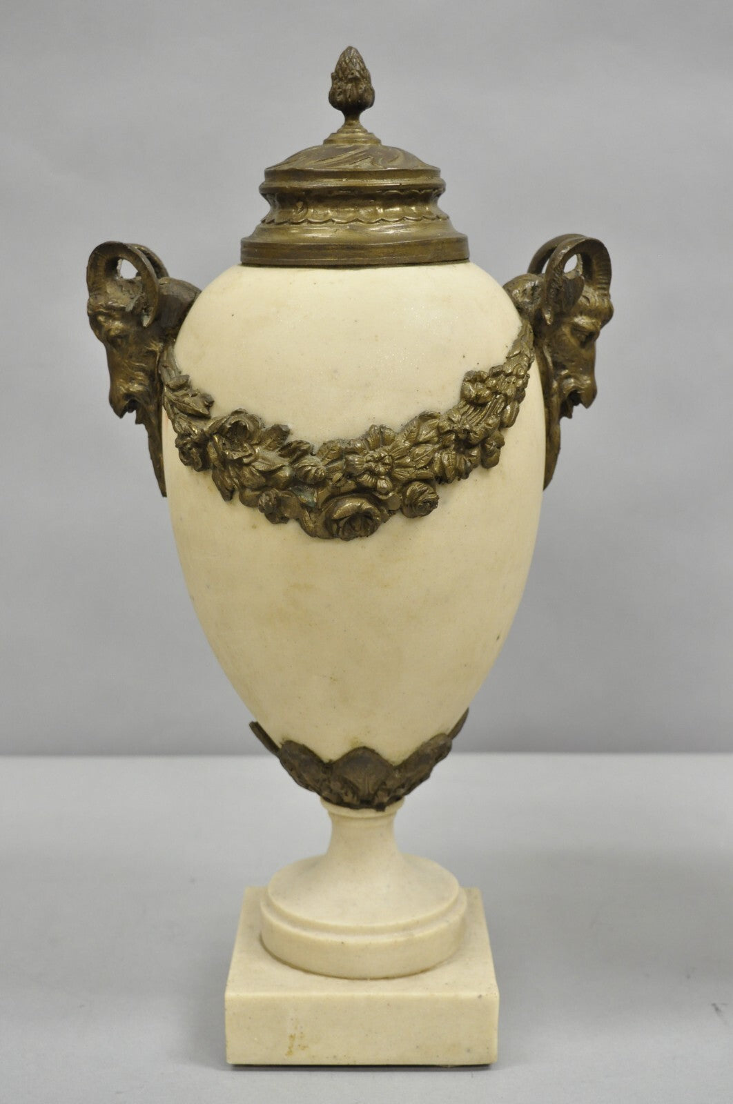 Vintage French Neoclassical Marble & Bronze Rams Head Urn Cassolettes - a Pair