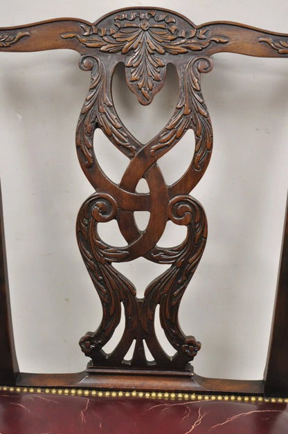Antique Chippendale Georgian Carved Mahogany Ball and Claw Leather Arm Chair