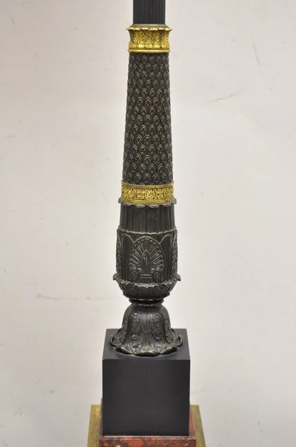 French Empire 68" Tall Bronze & Marble Lighted Candelabra Torchiere Floor Lamps
