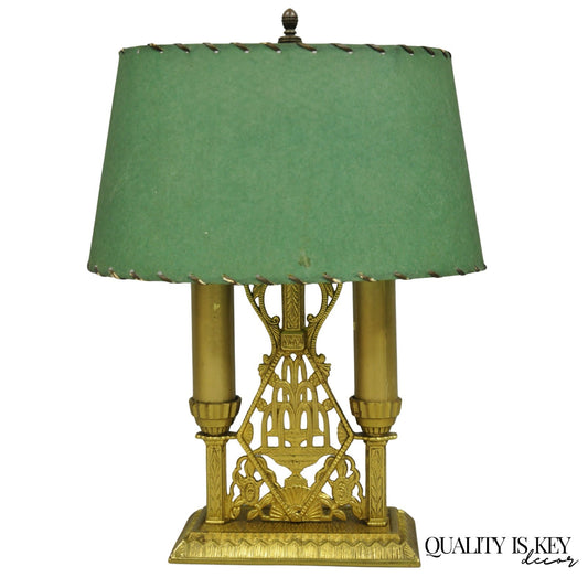 Antique Art Deco Art Nouveau Gold Gilt Metal Student Desk Lamp w/ Green Shade