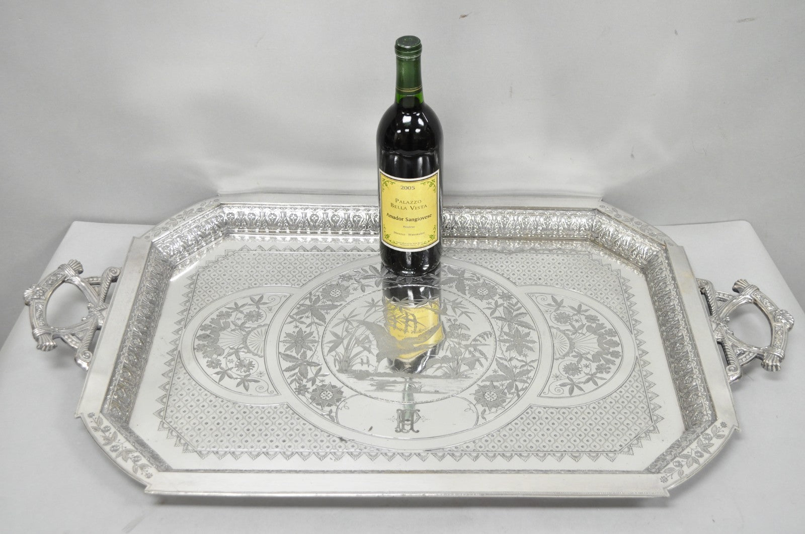Antique Rogers Smith & Co Art Nouveau Large Silver Plated Crane Bird Etched Tray