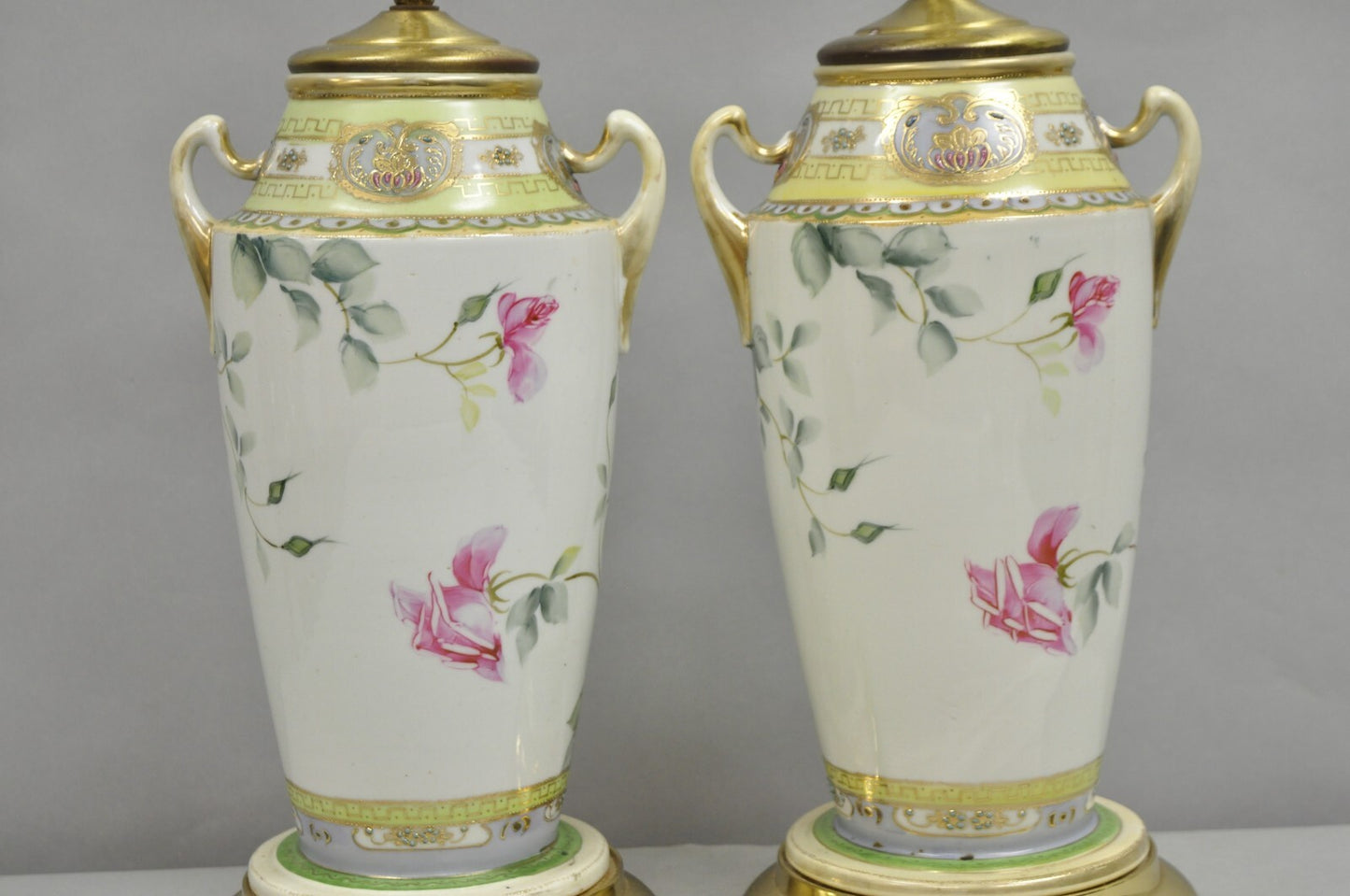 Antique French Victorian Hand Painted Porcelain Pink Rose Table Lamps - a Pair