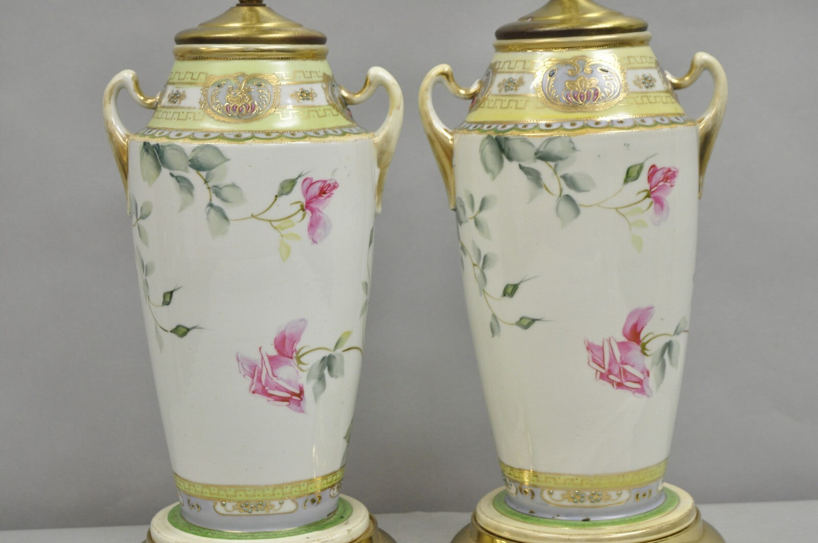 Antique French Victorian Hand Painted Porcelain Pink Rose Table Lamps - a Pair