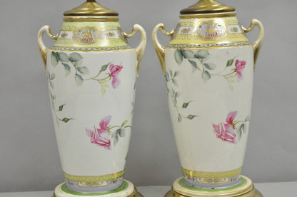 Antique French Victorian Hand Painted Porcelain Pink Rose Table Lamps - a Pair