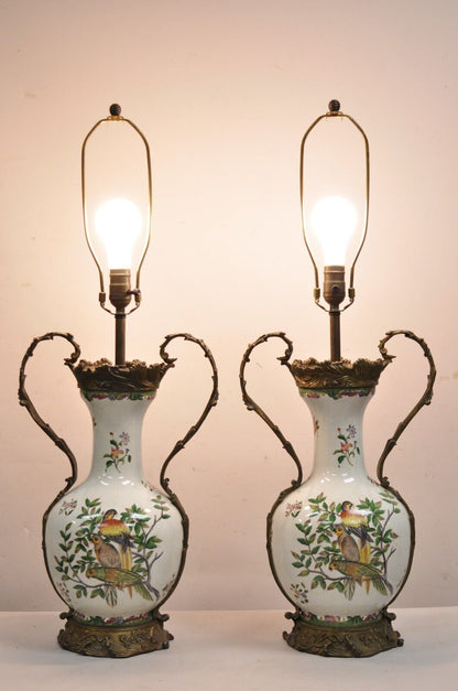 Vintage Chinoiserie Porcelain & Bronze French Louis XV Style Table Lamps - Pair