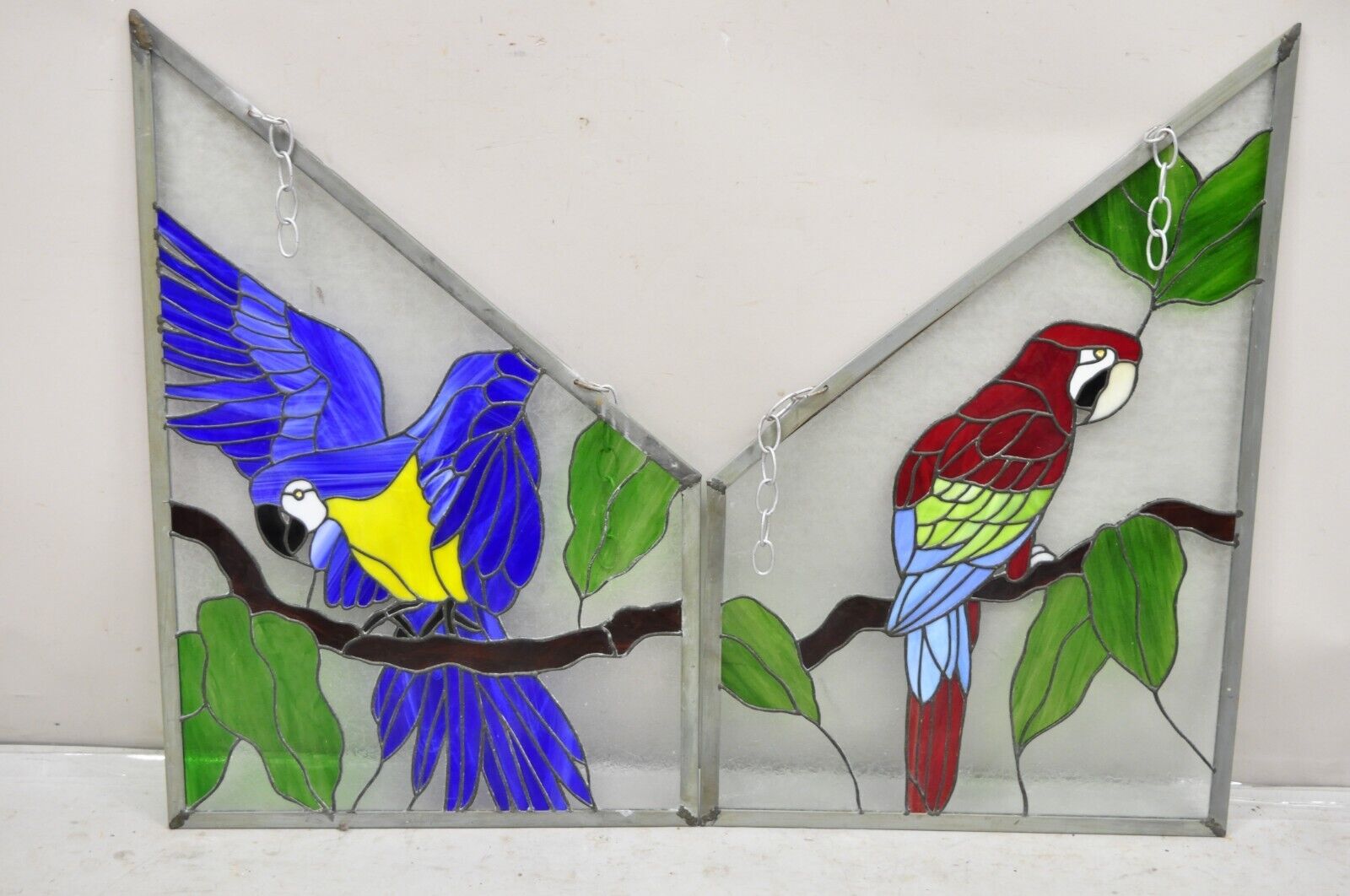 Vintage Leaded Stained Glass Red and Blue Parrot Bird Window Suncatcher - a Pair