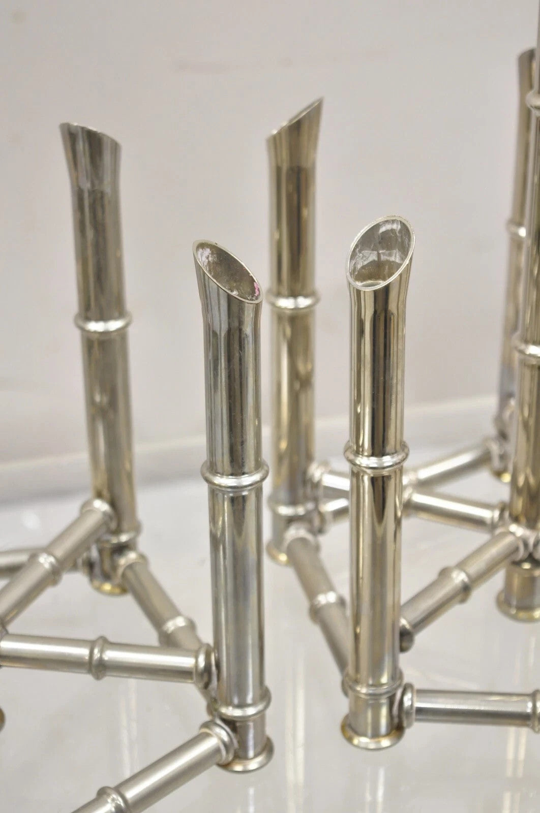 Vintage Hollywood Regency Silver Plated Chrome Faux Bamboo Candlesticks - a Pair