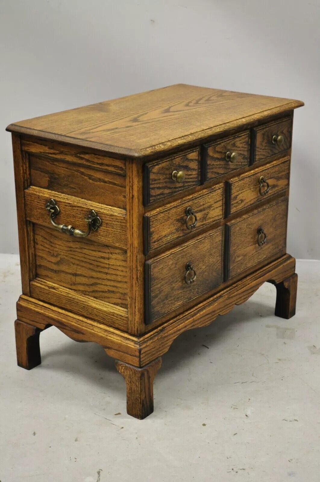 Vintage English Colonial Oak Wood Small Campaign Chest Nightstand Side Table