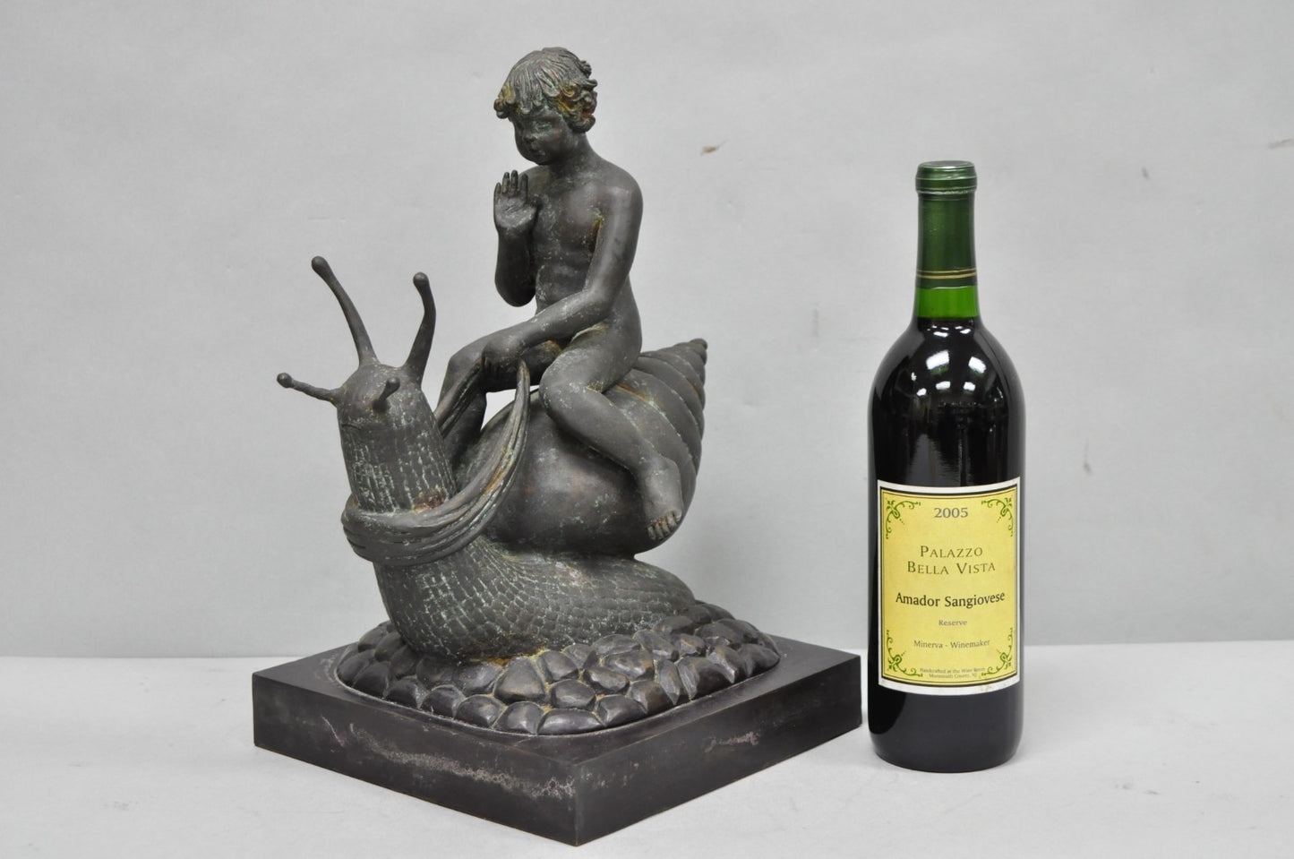 Vintage Mythical Bronze Cherub Riding Snail Sculpture Figure attr Maitland Smith