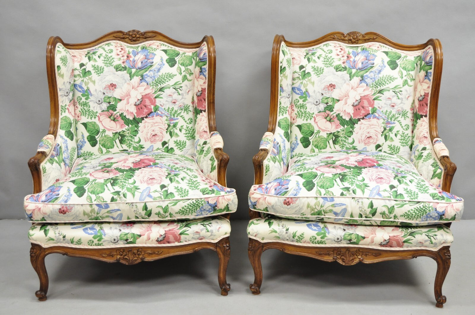 Antique French Country Louis XV Style Carved Walnut Bergere Wingback Chairs Pair