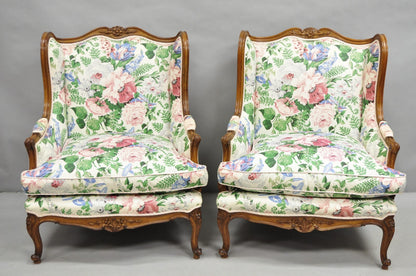 Antique French Country Louis XV Style Carved Walnut Bergere Wingback Chairs Pair