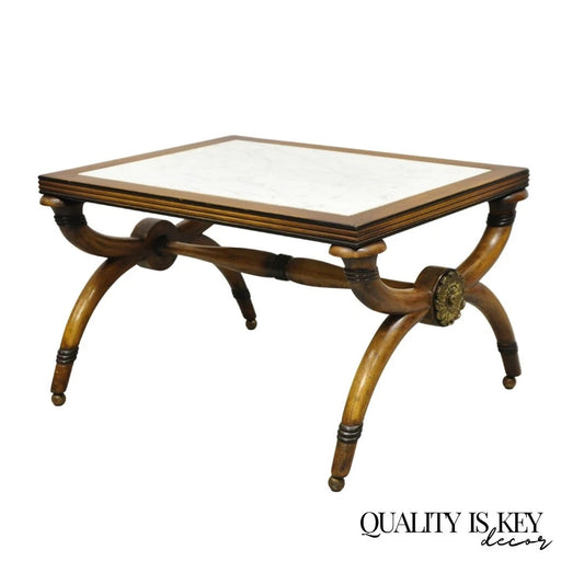 Vintage Italian Neoclassical Low Marble Top Curule X-Frame Accent Side Table