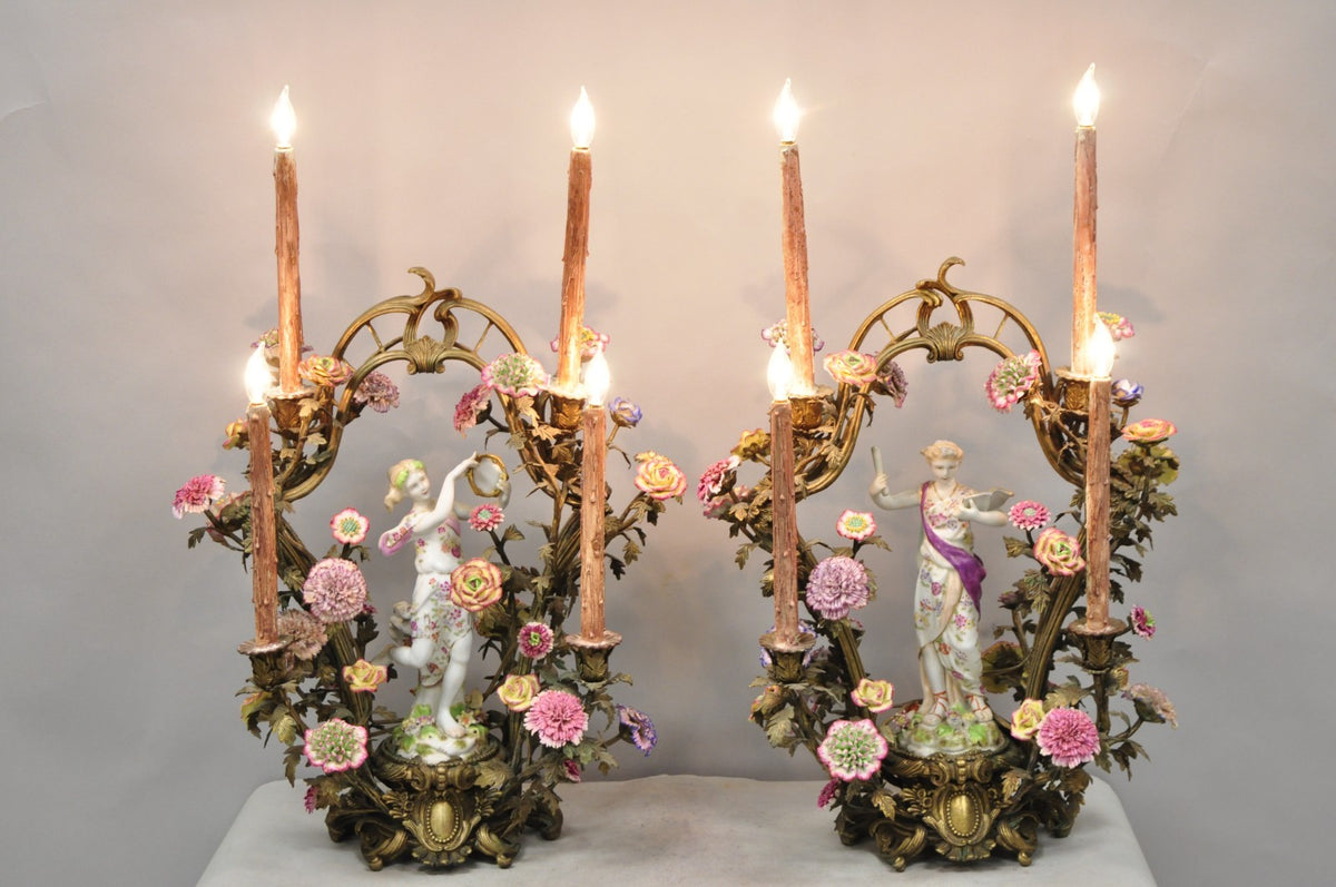 French Louis XV Repro Bronze & Porcelain Candelabra Lamps by United Wilson, Pair