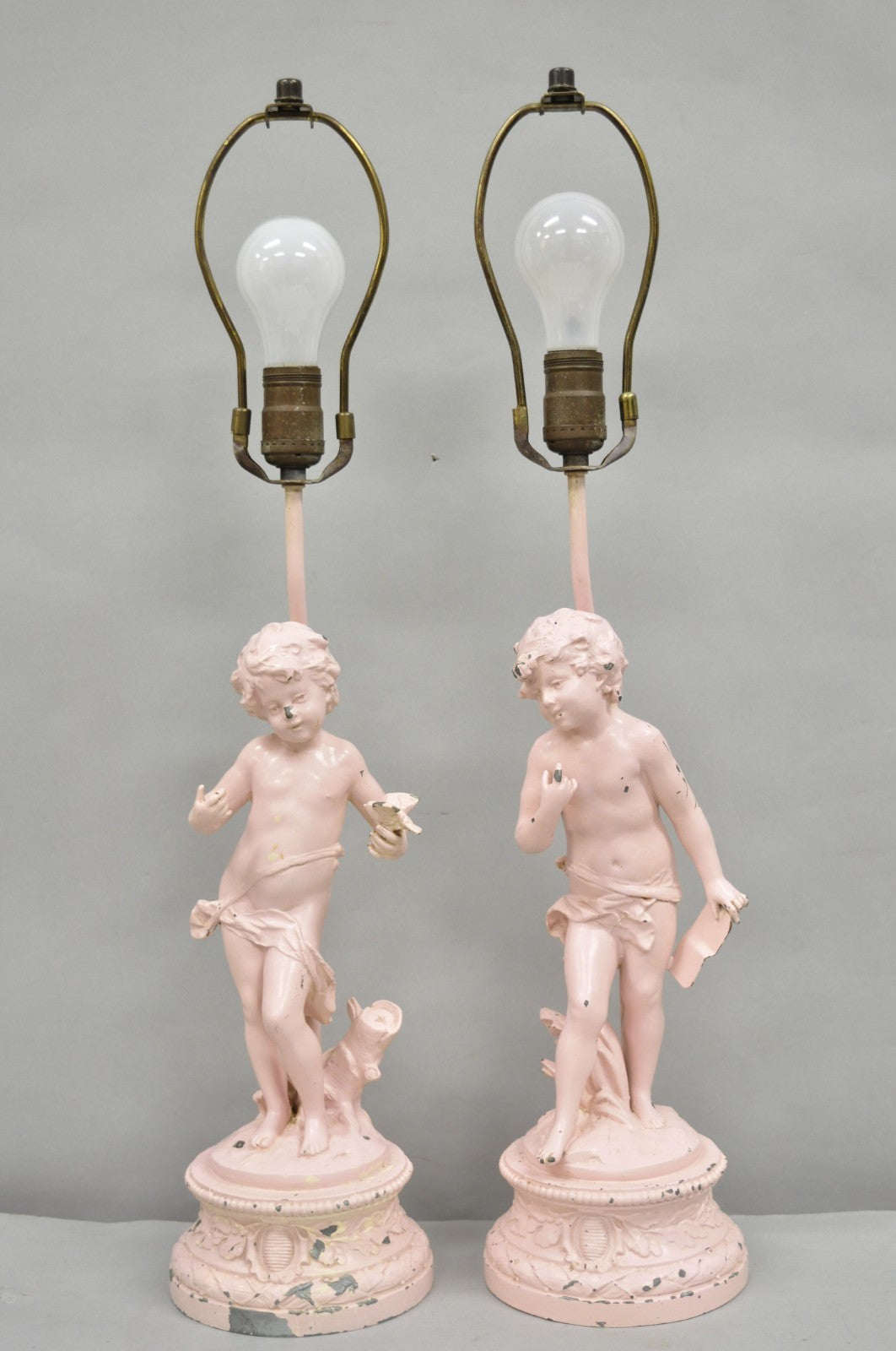 Antique French Renaissance Figural Spelter Metal Figural Cherub Table Lamps Pair