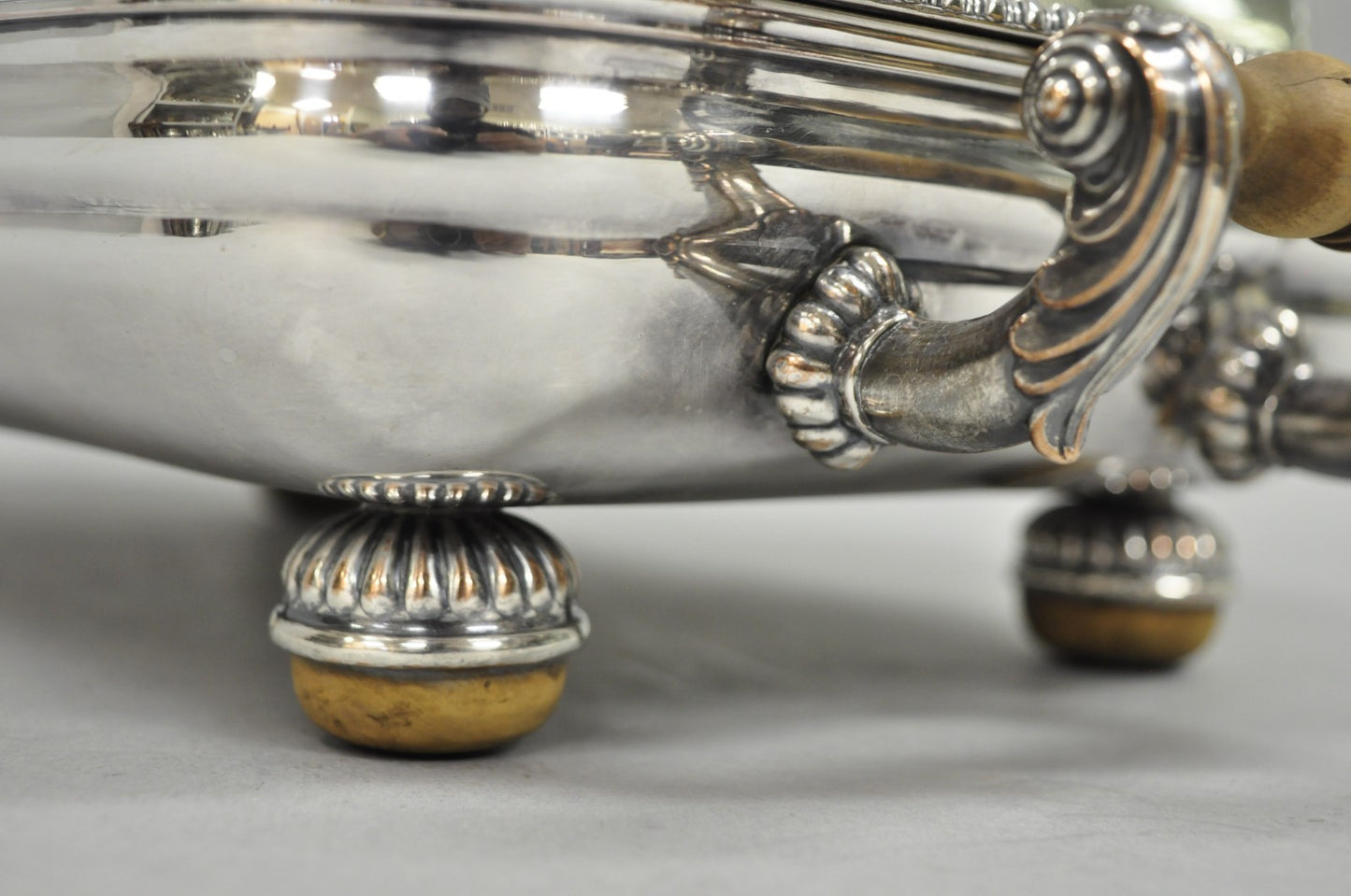 Antique English Georgian Silver Plated Covered Chafing Dish on Wooden Bun Feet
