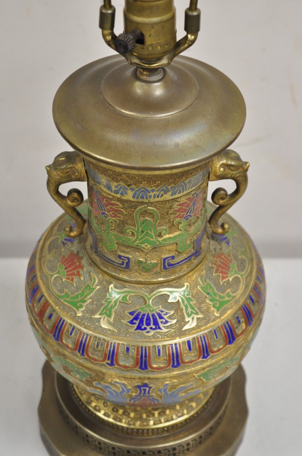 Vintage Middle Eastern Cloisonné Champlevé Blue Green Brass Table Lamp