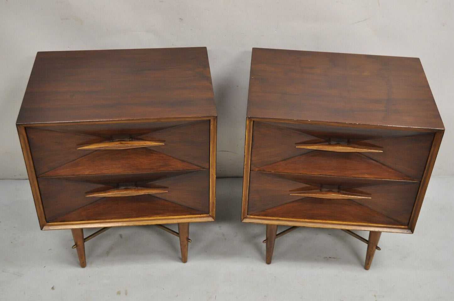 Vintage Mid Century Modern 3D Diamond Facade Walnut Nightstands - a Pair