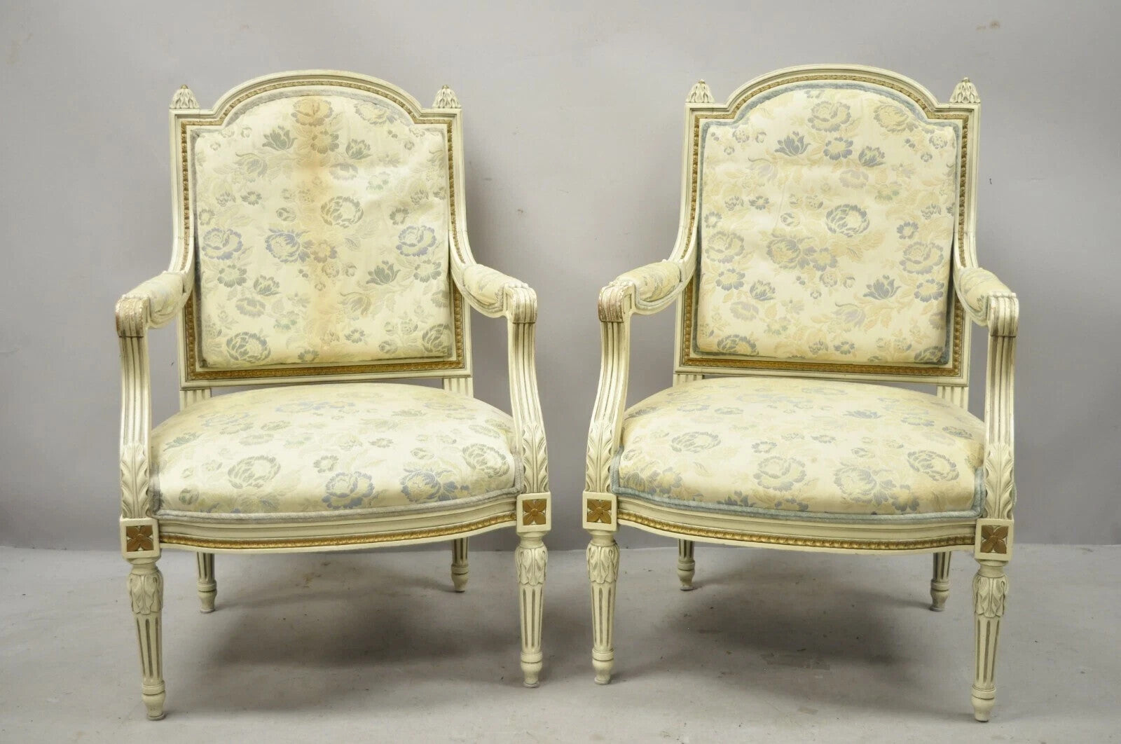 Vintage French Louis XVI Style Cream Painted Gold Gilt Lounge Arm Chairs - Pair