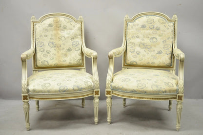 Vintage French Louis XVI Style Cream Painted Gold Gilt Lounge Arm Chairs - Pair