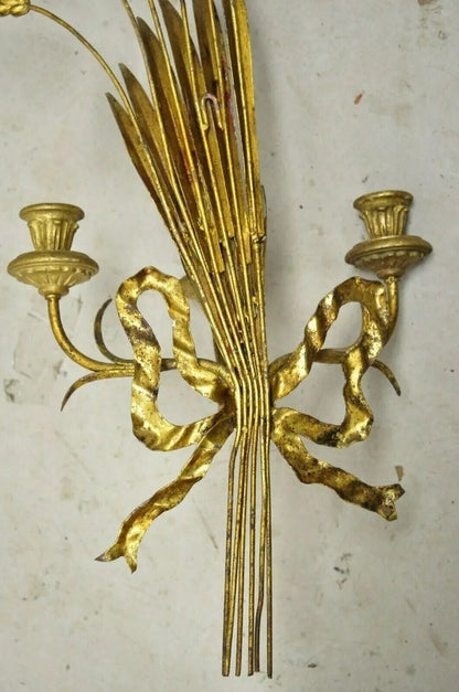 Italian Hollywood Regency Gold Iron Sheaf of Wheat Candle Wall Sconces - a Pair