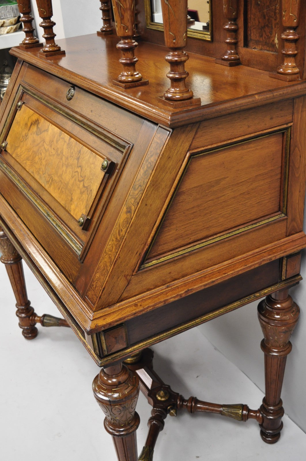 Antique Victorian Burl Walnut Slant Front Secretary Writing Desk with Mirror